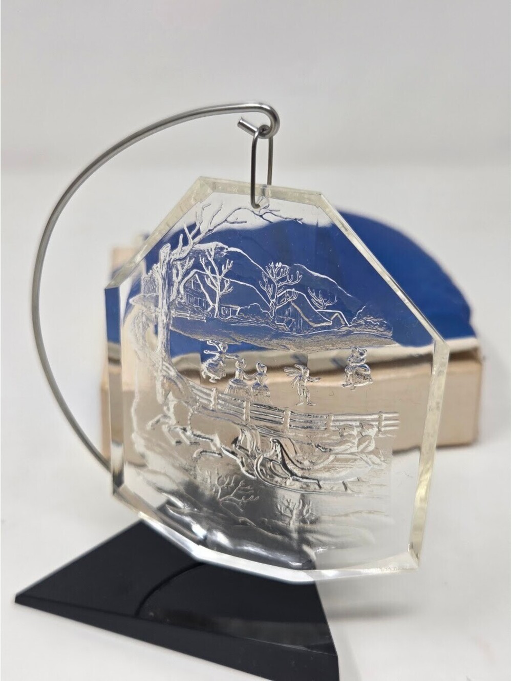 Vintage Currier And Ives Crystal Clear Decorations Etched Ornament With Stand
